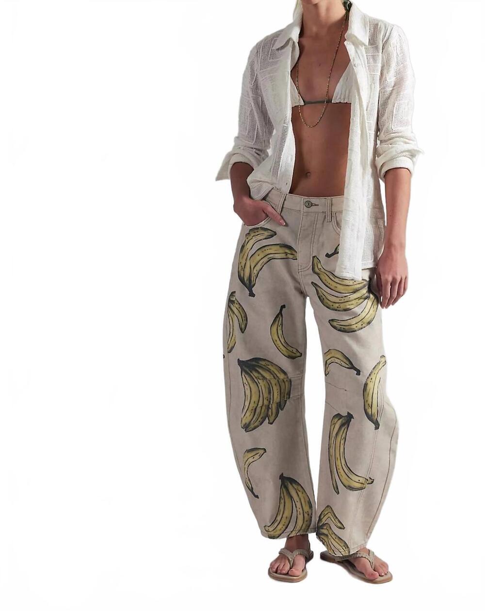 NEW FREE PEOPLE good luck printed barrel jeans in go bananas